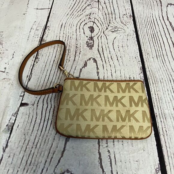 Michael Kors Canvas Wristlet Wallet Tan Brown Logo MK Small Womens - Picture 1 of 8